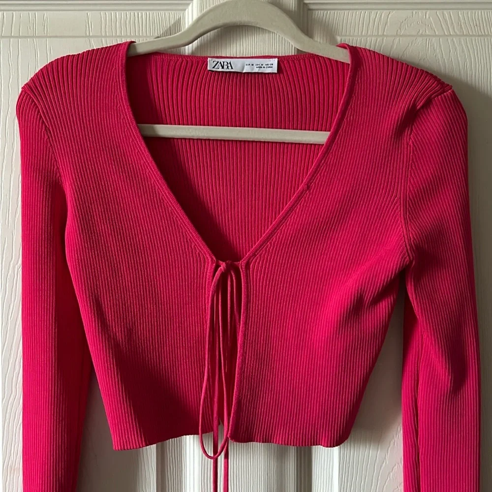 Zara Women’s Fuchsia Summer Ribbed Cropped Tie‎ Top Size Med NWOT